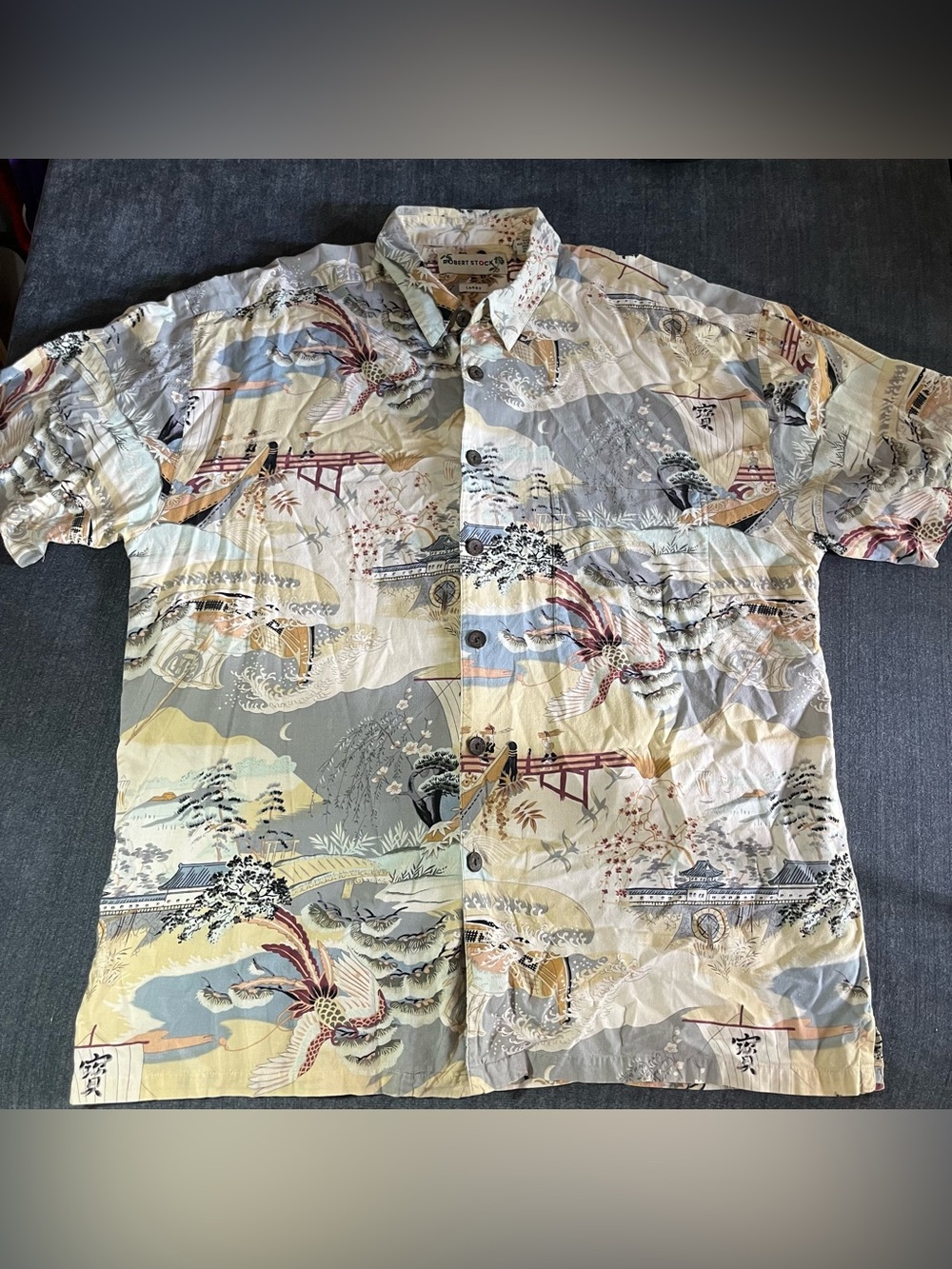 Vintage Robert Stock Button-Up Shirt Sz L Japanese landscape Print